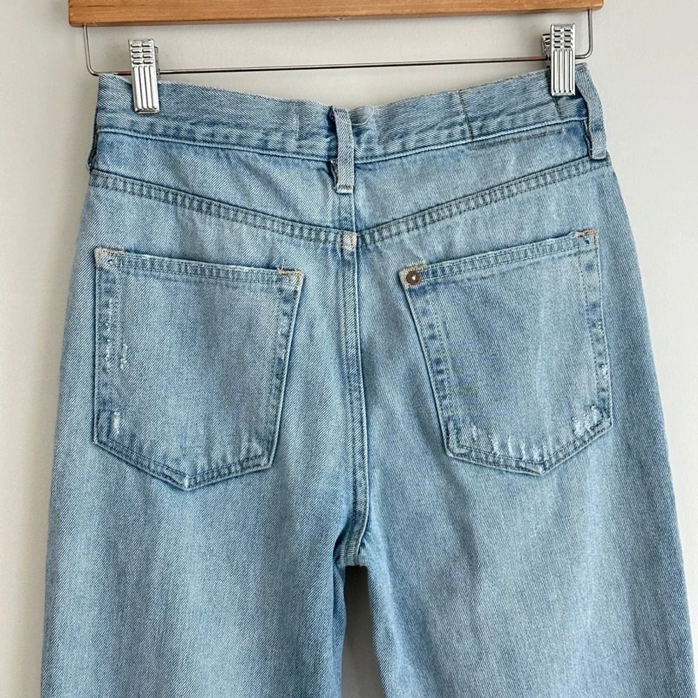 Free People High Rise Straight‎ Jeans 25 Light Wash Distressed Ripped Button Fly